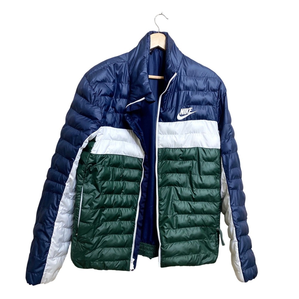 Nike Women Colorblock Puffer Jacket Navy Blue White Green Full Zip Quilted M